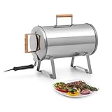 Klarstein Gourmet Barrel Smoker Räucherofen (rostfreier Edelstahl: 0,6 mm, hitzeresistente Griffe aus Holz, Plug & Play Concept, inkl. Räucherrost, Öl- und Holzschnitzelwanne) silb