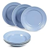 suntun Suppenteller Tief 6 teilig, Rund Blau Teller Set 6 Personen, Pastateller 230ml, Neues Bone China Porzellan Geschirr, Vintage Geprägte Desig
