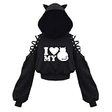Damen Cat Ears Black Hoodie Langarm Kapuzenpullover Sweatshirt Hollow Out Gothic Tops Bluse Mit M