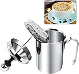 Yijiaoyun Milchaufschäumer Manuell, Milk Frother Mit Kaffee Latte, Milchschäumer Edelstahl Double Mesh (500ml, Silber)