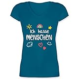 Sprüche Statement mit Spruch - Ich Hasse Menschen Kinderschrift - weiß - L - Türkis - Spruch - XO1525 - Damen T-Shirt mit V