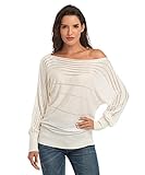 Dilgul Pullover Damen Oberteile Langarmshirt Strickpullover Sexy Off Shoulder Pullover Fledermausärmel Lose Schulterfrei Herbst Strick Oberteil Elfenbein M