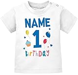 MoonWorks® Baby T-Shirt 1. Geburtstag personalisiert Name erster Geburtstag Zahl Geburtstagsshirt Kurzarm Bio-Baumwolle 1. Geburtstag weiß 80/86 (10-15 Monate)