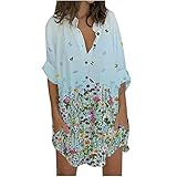 Briskorry Damen Strandkleid Boho Tunika Sommerkleid V-Ausschnitt Kleider Knielang Blusenkleider Blumenkleid Loose T-Shirt Kleid Floral Langarm Minik