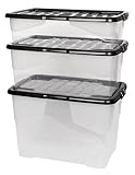 3 Stück Aufbewahrungsbox 'Curve' mit Deckel aus transparentem Kunststoff. Nutzvolumen 65, 42 und 30 Liter. Stapelbar und nestbar. Einsehbar mit Deck