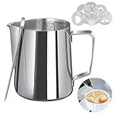 TATAFUN Milchkännchen, Milk Pitcher 350 ml/ 12 FL.oz. Mehrweg Milchkanne aus Edelstahl, Milch Aufschäumen Krug Aufschäumkännchen mit Latte Art Stift mit 16 Cappuccino Dekoration Schablonen, Silb