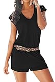 Gutsbox Damen Jumpsuit Sommer Kurz Strandkleid Spielanzug Einteiler Overalls Hose Elegant Playsuit V-Ausschnitt Elastisch Hohe Taillen Casual Kein Gürtel S-3XL, Schwarz, M