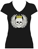 funkelndes Shirt Damen GLITZERDRUCK Totenkopf mit Flügeln und Krone Karneval Fasching Skull Shirt Junggesellinnenabschied. XL