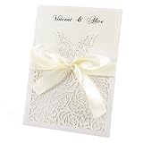 Anladia 10er Ivory Weiß Einladungskarten Elegante Schmetterling & Rose Spitze Design mit Karten, Umschläge, Schleifer, Einlegeblätter OHNE DRUCK Hochzeit Geburtstag Einladung #27