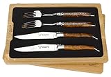 Laguiole en Aubrac - 2 Steakmesser und 2 Gabel Besteck-Set - Griff Teak Maserholz - Original Frankreich mit Zertifik