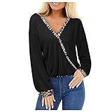 Notinzo Langarm Bluse Damen Leopard Print Splice V-Ausschnitt Slim Fit Tops Patchwork Herbst Winter Bottoming-Shirt, Schwarz , XXL