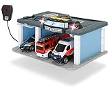 Dickie Toys SOS Rettungsstation mit Polizei, Feuerwehr und Krankenwagen, Station mit Licht & Sound, Mikrofon mit Lautsprecherfunktion, Tore zum Öffnen, inkl. Batterien, 31x22x16