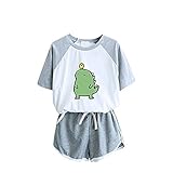 AFFGEQA 2 teiliges Set Damen Sommer Oberteil Frosch Tierdruck Kurzarm Shorts Lässige Hausanzug T-Shirt Top mit Shorts Freizeitanzug Taschen Zweiteiliger Anzug