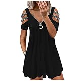 Off Shoulder Kleid Sommerkleid Damen Kurz: Elegant Einfarbig V-Ausschnitt Zipper Schulterfrei Swing Kleider Bohemian Sommer Strandkleid Damen Knielang GroßE GrößEn A-Linie Party