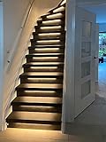 Rexlight® | Dotless COB LED-Treppenstufenbeleuchtung mit warmweißem Licht im Alu-Profil | Ohne Fernbedienung | 50cm LED-Streifen | Komplettset max. 16 Stufen | Bewegung