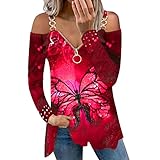 Damen Off Shoulder Tuniken Bunt Blumenmuster Langarmshirts mit V-Ausschnitt Reißverschluss Sexy Schulterfrei Langarm T-Shirt mit Kettenriemen Mode Elegant Shirt Lässig Locker Longshirt Tunik
