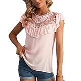 DOMBX Damen Seide Chiffon Hemden Fledermausärmel Kurzarm Mehrschichtig Rüschen Spitze Blumenmuster Bluse Shirts Frauen Lässig Elegant Basic Übergröße Rundhals Einfarbig Leicht T-Shirt Ob