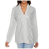 meiyin Baumwoll-Tanktops mit V-Ausschnitt für Damen Lässige Mode für Damen einfarbig glänzend mit Pailletten V-Ausschnitt Laterne langärmliges Chiffon-Ob
