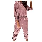 Velours Samt Jogginganzug Damen Warm Winte Trainingsanzug Freizeit Zweiteiler Hausanzug Set Teddy Fleece Casual Schlafanzug Kapuzenpullover mit Kordelzug Sport Hose Streetwear 2 Stück Sportanzug