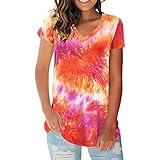 PEOD Damen Tie Dye Kurzarm T-Shirt Blusen Oberteil Große Größe V-Ausschnitt Lose Batik Tunika Tops Hemdshirts Frauen Casual Mode Farbblock Baumwolle Leinen Tuniken Blusenhemd Sommertop