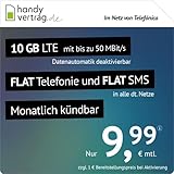 handyvertrag.de LTE All 10 GB - monatlich kündbar (Flat Internet 10 GB LTE mit max. 50 MBit/s mit deaktivierbarer Datenautomatik, Flat Telefonie, Flat SMS und EU-Ausland, 9,99 Euro/Monat)