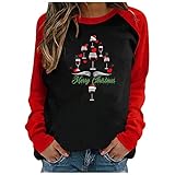 Bellelhot Frauen Weihnachten Schneemann Weihnachtsmann Druck Fleece T-Shirt Elegant Farbabstimmung Langarm Rundhals Top Freizeit Loose Oberteile Damen Bequem Atmungsaktiv Karneval B
