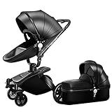 Hohe Landschaft Kinderwagen Leder Zwei-Wege-Auto 360-Grad-Falten-Stoßdämpfer Kann Sitzen Baby Auto (2 In 1: Sitz + Schlafkorb),Black