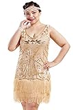 BABEYOND 1920s Kleid Damen Plus Size Festlich V Ausschnitt Doppelschicht Fransen Charleston Pailletten Kleider Grosse Grössen Damen Gatsby Cocktail Fasching Kostüm Kleid (GoldGrün-2X)