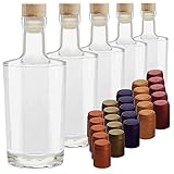 5 elegante Glasflaschen à 0,5L Glas Karaffen 500 ml leer für Whisky Gin Cognac zum selbst Befüllen mit Korken & 25 farbigen Schrumpfkapseln zum Verschließ