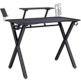 Yaheetech Gaming Tisch Home Office Computertisch Ergonomischer Schreibtisch PC Tisch mit Getränkehalter und Kopfhörerhaken, 110 x 70