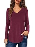 Florboom Tunika Damen Langarm Longshirt V Ausschnitt Oberteil Basic Locker Shirts Rotwein L