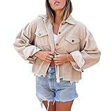 Damen Cord, Cropped-Jacke, Hemd, lässig, locker, einfarbig, langer, ausgefranster Saum, Knopfleiste, Vintage-Mantel, khaki, 42