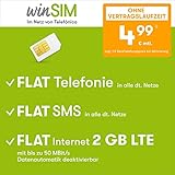 Handyvertrag winSIM LTE All 2 GB - ohne Vertragslaufzeit (Flat Internet 2 GB LTE mit max. 50 MBit/s mit deaktivierbarer Datenautomatik, Flat Telefonie, Flat SMS und EU-Ausland, 4,99 Euro/Monat)