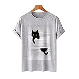 Funny Line Cat Print Casual T-Shirts Herren Damen Casual Kurzarm Baumwolle T-Shirts Tops, grau, X-Larg