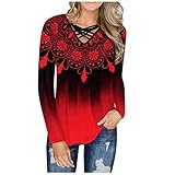 Neu Damen Langarmshirts V-Ausschnitt T Shirts Blusen Tunika Sweatshirt Pullover Große Größen Mit Tie-Dye Bedruckt(Rot,S)