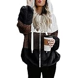 Zilosconcy Damen Spleißen Plüschjacke Plüschmantel Winter Dicker Warm Strickjacke Full Zip Wintermantel Lässige Sweatshirtmantel Kunstpelzjacke mit Taschen Outdoorjacke Übergangsjack