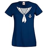 Shirt-Panda Damen T-Shirt · Matrosen Kostüm · wahlweise mit Mütze Karneval Gruppen Fasching Seefrau Verkleidung Party Matrosenmütze Darts Unisex Hut · Marineblau (Druck Weiß) 2XL