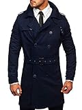BOLF Herren Mantel Übergangsmäntel Trenchcoat Zweireihiger Reverskragen Herrenmantel mit Gürtel Stehkragen Regenmantel Freizeit Jacke Lange Elegant Style Nature 5569 Dunkelblau L [4D4]