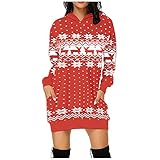 Pianshanzi Longpullover für Damen Weihnachtspullover Kleid Weinglas Motiv Langarm Hoodie Weihnachtskleid Weihnachten Langarmshirt Eleg