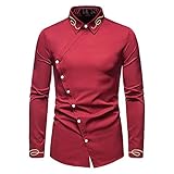 PANBOB Hemd Herren Revers Slim Fit Asymmetrie Tasten Langarmshirt Herren Vintage Hofstil Einfarbig Hemd Herren Frühling Herbst Klassisch Disco Club Leistung Hemd Herren E-Red S