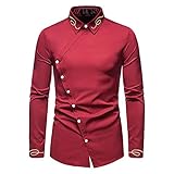 Kentkragen Hemd Herren Frühling Herbst Slim Fit Asymmetrie Design Langarm Herren Streetwear Urban Jugend Mode Stickerei Causal Atmungsaktiv Männer Shirt E-Red L