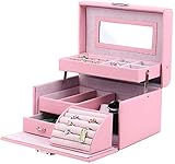 LILAODA ZR & YW Schmuckschatulle Einhandspiegel Schmuck Aufbewahrungsbox Tragbare Reisetasche mit Schloss für Armbänder Ohrringe Ringe Halsketten Broschen Hochzeitsgeschenk Rot lila-R