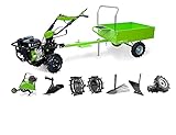 VITO Benzin 7 PS EURO5 620mm Aktiv-Bodenfräse mit GEGENLÄUFIGEN Hackmessern, Selbstantrieb. Leicht & wendig, Ideal für Selbstversorger & Gartenbau Set Anhänger + Kartoffelroder + Pflug + Häufelkörp