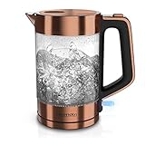 Arendo - Glas Wasserkocher Edelstahl - 1,7 Liter - 2200W - Cool Touch Griff - One Touch Verschluss - automatische Abschaltung - integrierte Kabelführung - Überhitzungsschutz - Kupfer Desig