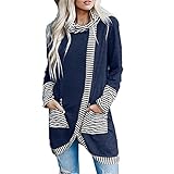 Damen Gestreifte Patchwork Tops Gestapelter Kragen Neuheit Langarm T-Shirt O-Ausschnitt Pullover Tasche Lose Top Bluse, navy, S