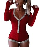 Smile Fish Damen Langarm Bodysuit mit sexy V-Ausschnitt Button Stretch Unterwäsche Body (Langarm Rosa-Weinrot, M)