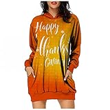 Thanksgiving Kleid Damen Winterkleid Kapuzenpullover mit Tasche Casual Oversize Hoodie Langarm Sweatshirt Lange Pullover Kleider Partykleid A-Linie Knielang Jumperkleid Cocktailk