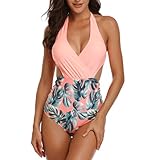 Misolin Damen Badeanzug Neckholder V-Ausschnitt Rückenfrei Einteiliger Bademode Bauchweg Cutouts Strandbikini, Rosa, M (EU 36-38)