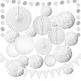 oGoDeal Weiß Pompons Deko Hochzeitsdeko, 20 Stück Vintage Lampions Pompoms Deko Hochzeit Wabenbälle Fächer mit Wimpelkette und Hängende Glitter Punkt Seidenpapier Pompons für Party Geburtstag