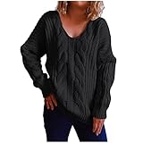 XUNN Damen Pullover Sexy V-Ausschnitt Casual Strickpullover Elegant Einfarbig Basic Sweatshirts Gemütlich Winter Lose Langarm Pulli Oversize Top